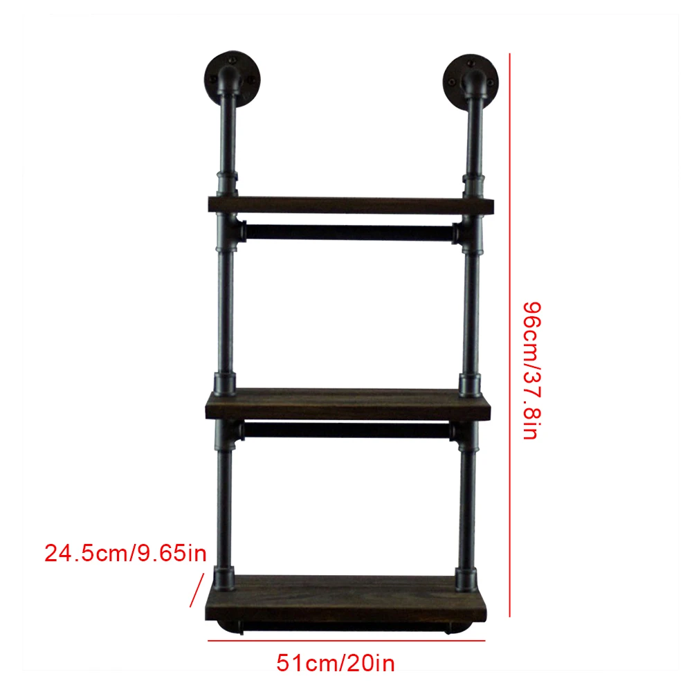 Industrial 3-Tiered Wall Mounted Pipe Shelf Rack Multipurpose Metal With Reclaimed Wood Finish