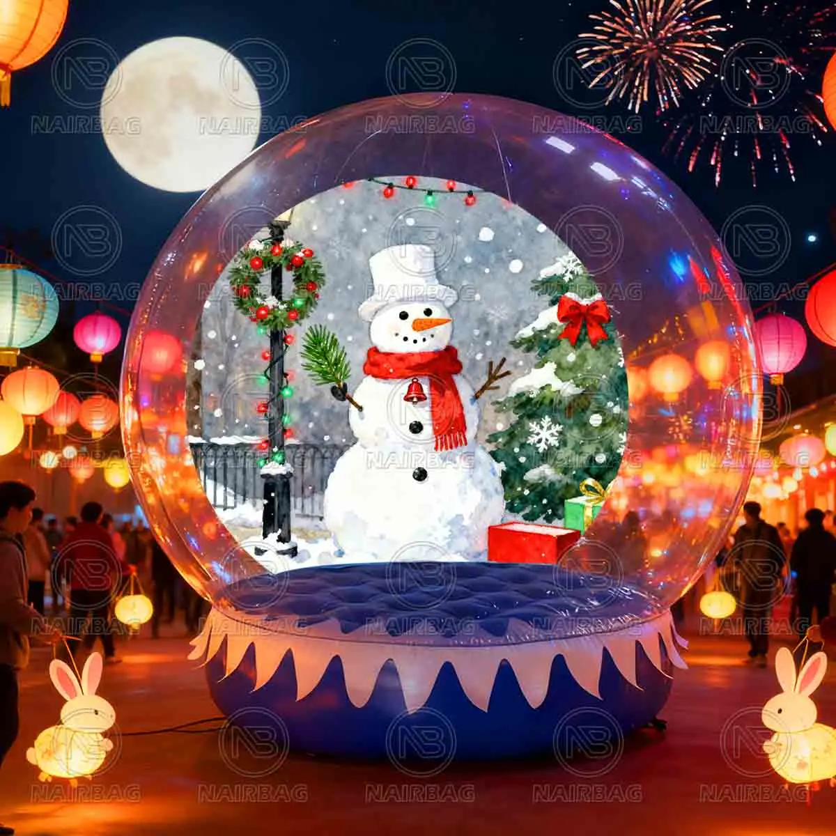 عيد الميلاد سنو غلوب مع الترامبولين نفخ كابينة تصوير خلفية فقاعة خيمة منزل الهواء قبة سنو غلوب مع الحارس