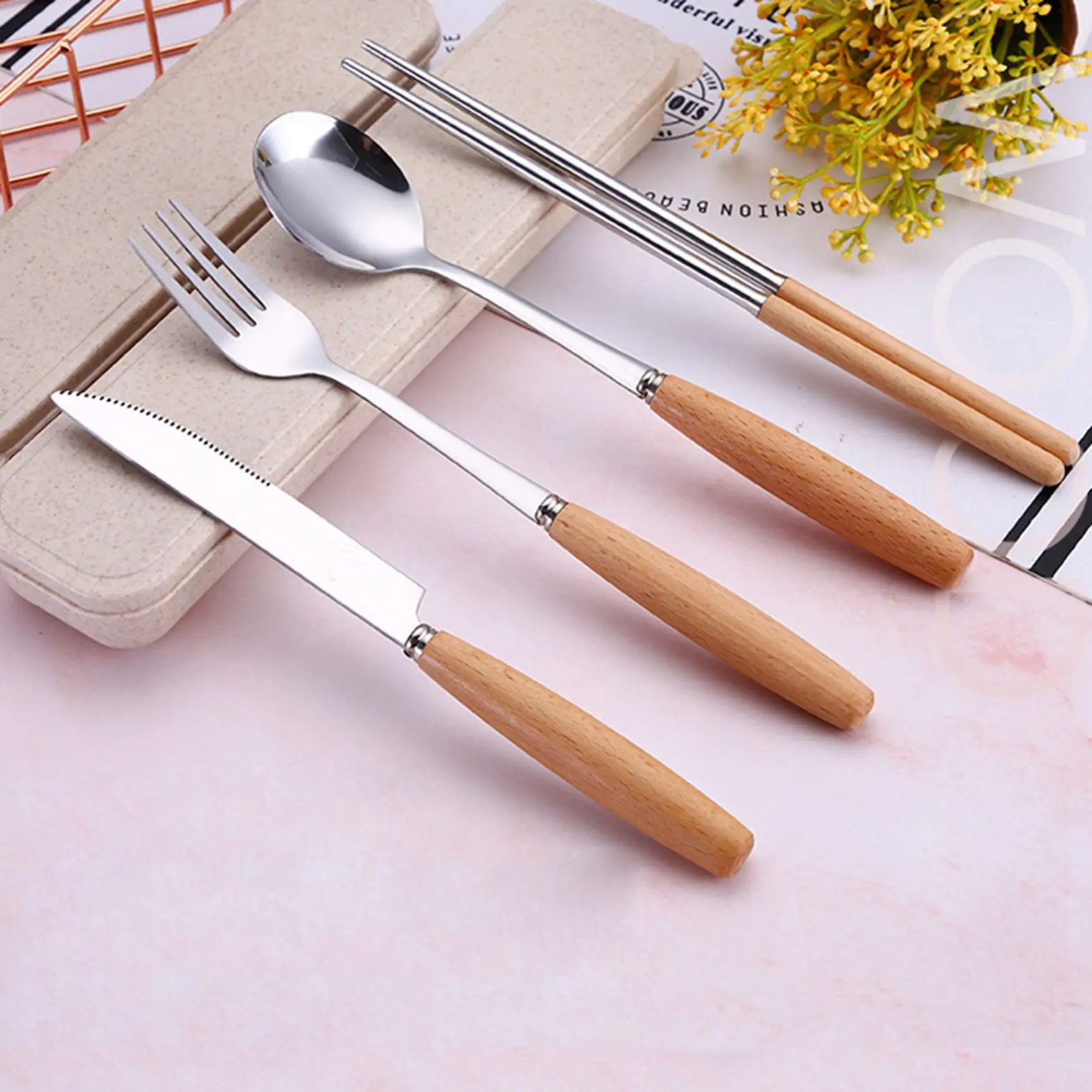 SEWS-Portable Utensils Set With Case-8 Pieces Wood Handle Reusable Flatware Set Fork Spoon Stainless Steel With Carry