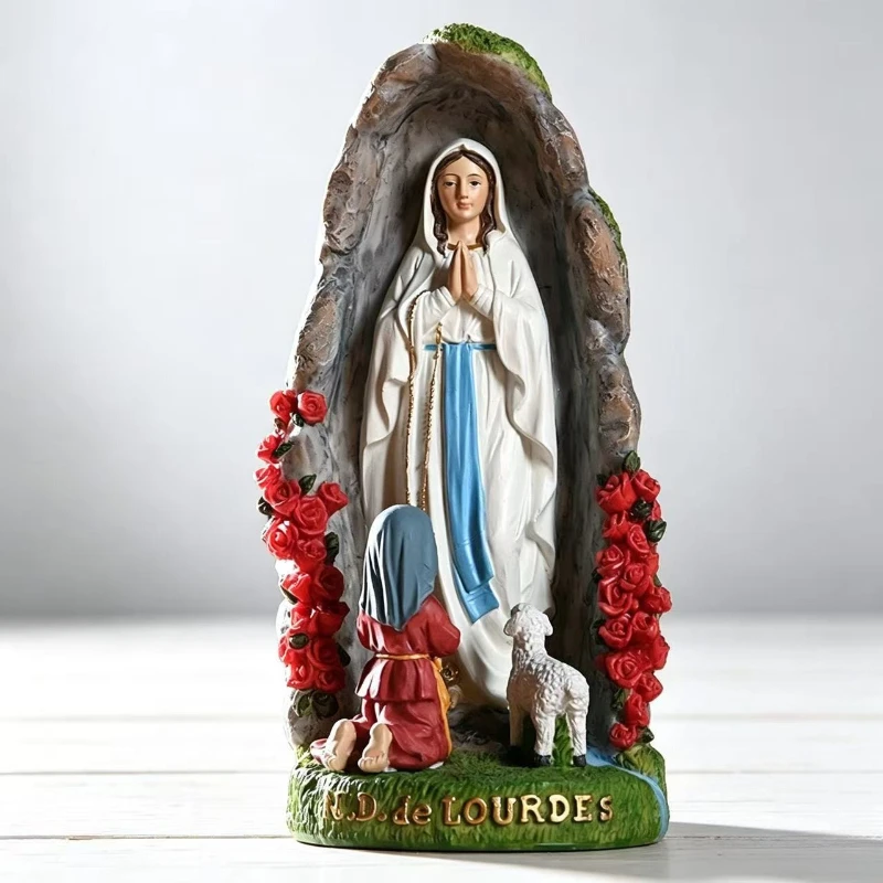 Our Lady of Lourdes Grotto Resin Statue Bernadette and Sheep Figurine Catholic Religious Home Altar Desktop Ornament Decor