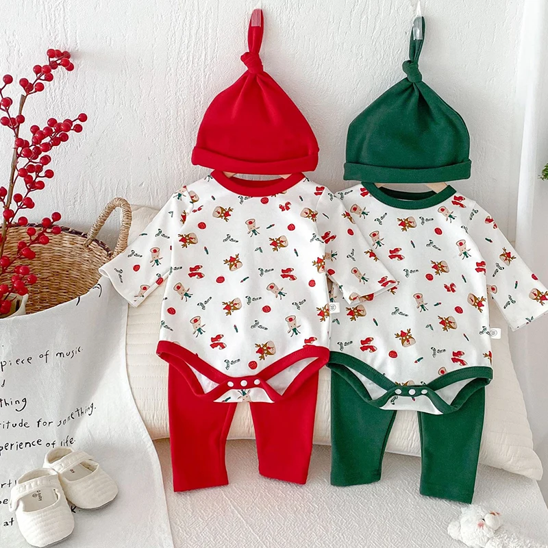 

Pure Cotton Baby Pajamas Sets Red Green Deer Print Infant Boy Girl Pyjamas Romper Pants 3pcs Sets Long Johns Christmas New Year