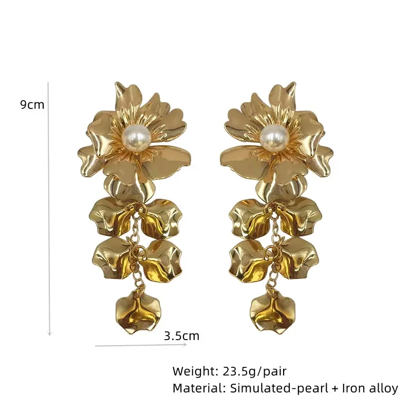 Korean Metal Flower Drop Earrings for Women Vintage Enamel Geometric Fashion Brincos Pearl Tassel Earring Jewelry Accessories