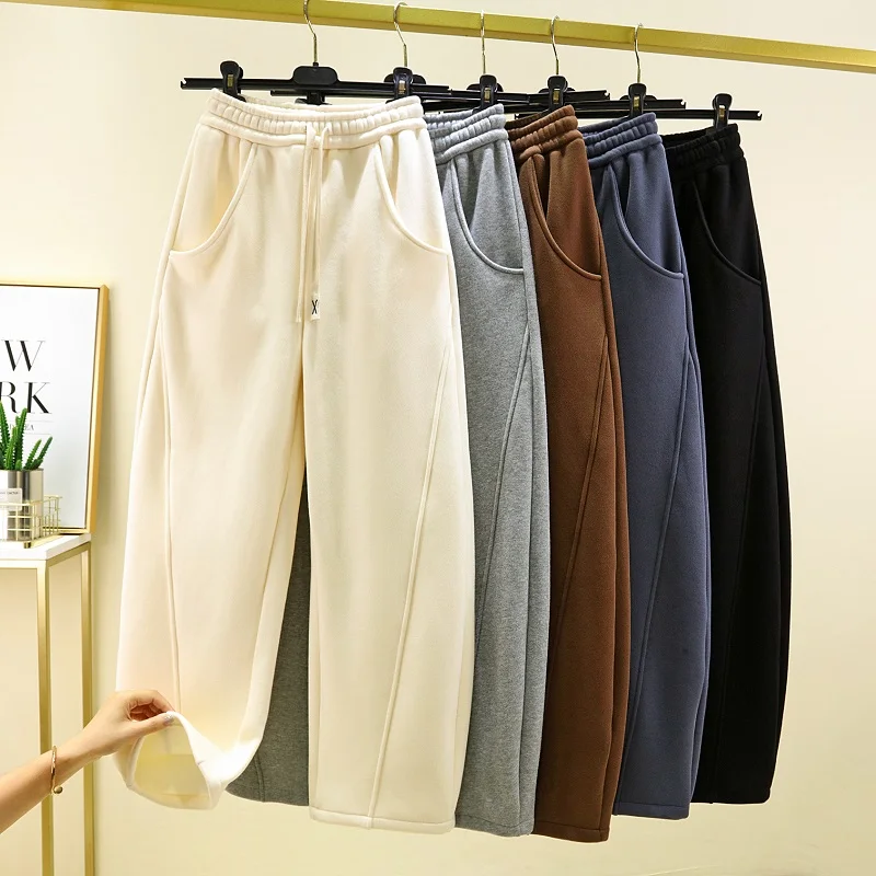 ارتفاع الخصر Fce اصطف عادية بنطال ذو قصة أرجل واسعة Thiened الخريف الشتاء مستقيم قطع بنطلون درا Sweatpants المرأة Faion