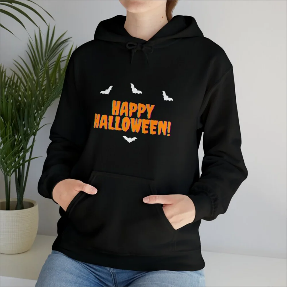 Black Hoodie Happy Halloween Scary Spooky Graphic Sweatshirts Casual Long Sleeve Pullover For Fall Winter Women's Clothing