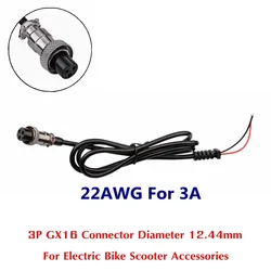 GX16 Cabo conector para bicicleta elétrica, 3 furos, linha feminina para 42V, scooter, carregador Acessórios, DIY, 3P, diâmetro 12,44 milímetros