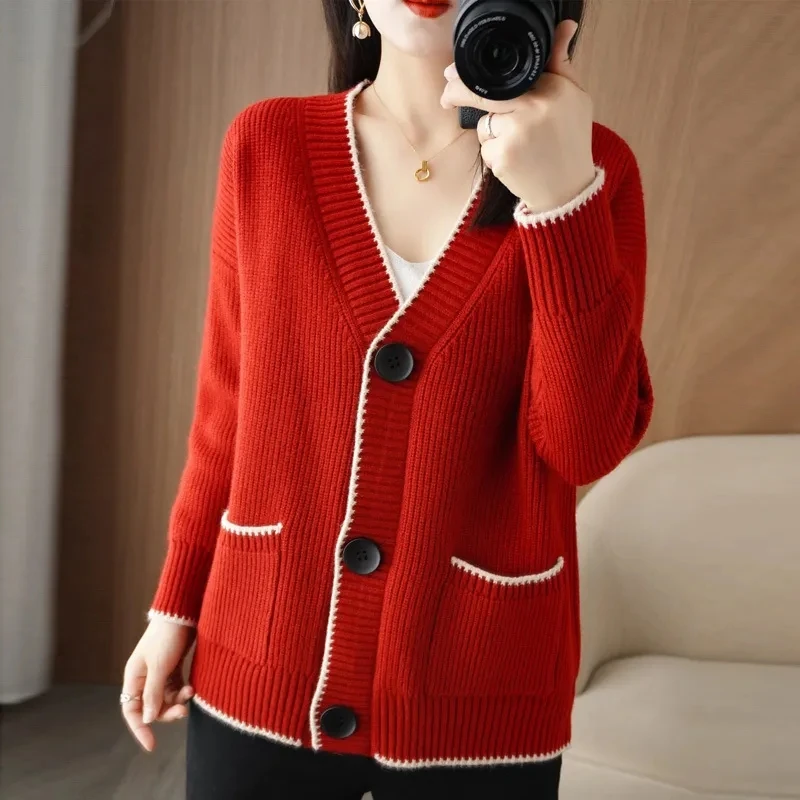 

New Autumn Women's Knitted Sweater Loose Thicken V-neck Long Sleeve Cardigan Jacket Korean Wild Single-Breasted Sweater Coat