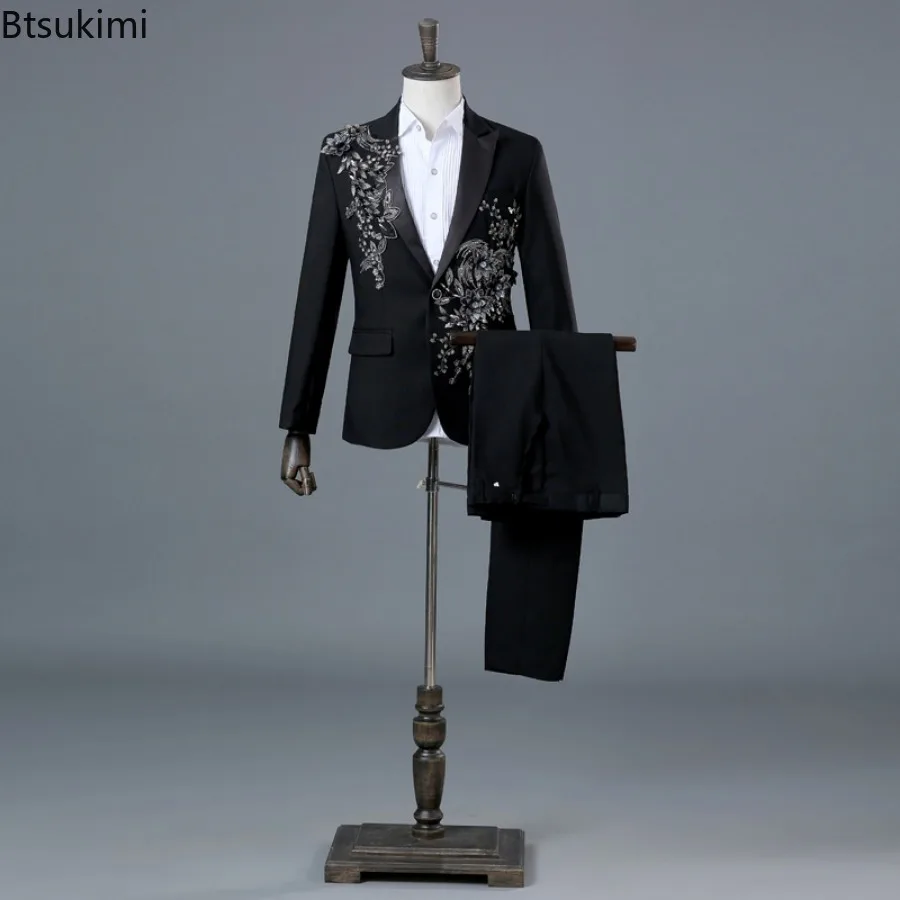 Luxury Beaded Appliqued Men's Elegant Suit Sets Host Stage Singer Perfrom Costumes Formal Tuxedo Blazer Pants Men Two Piece Sets