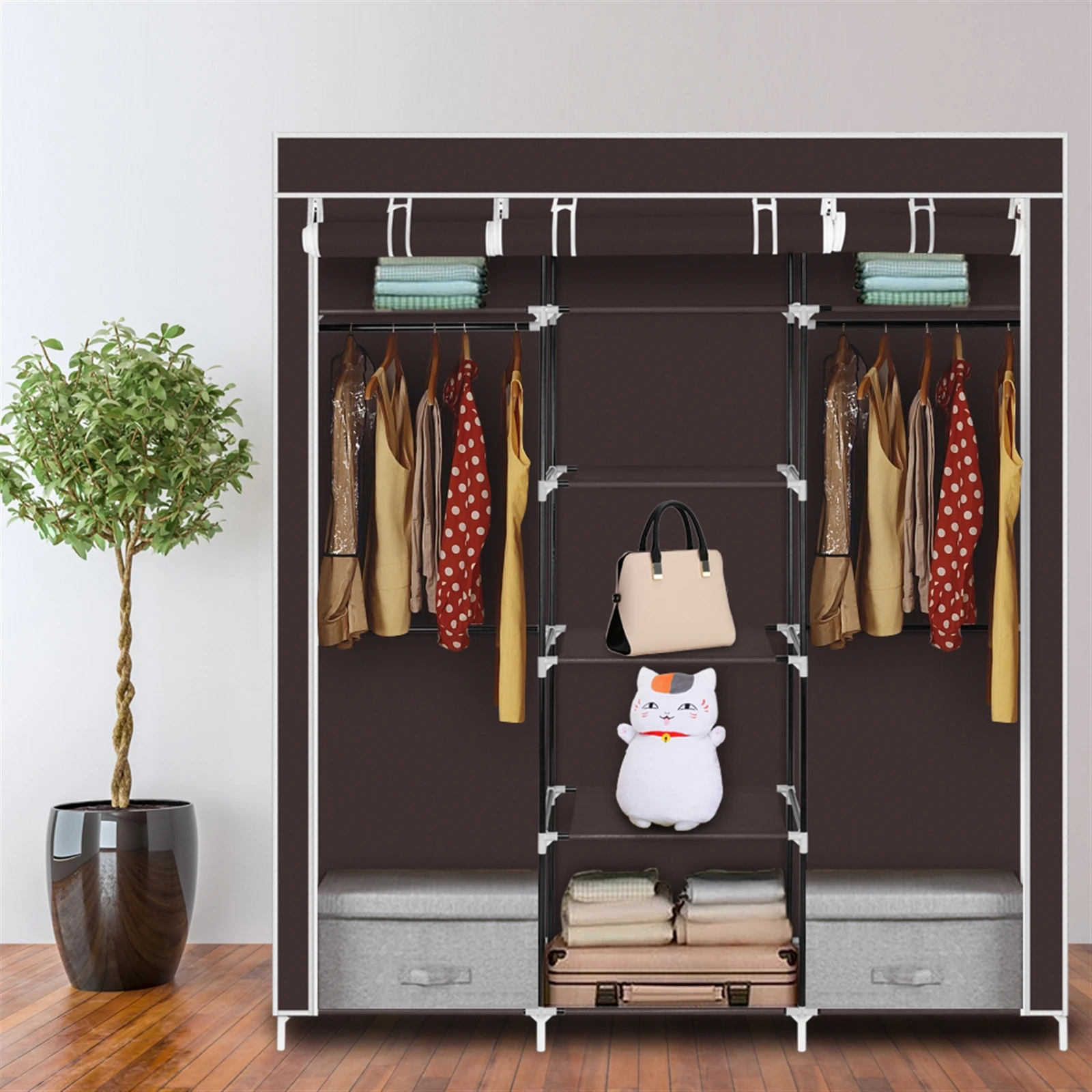 

69" Portable Clothes Closet Non-Woven Fabric Wardrobe Double Rod Storage Organizer Dark Brown