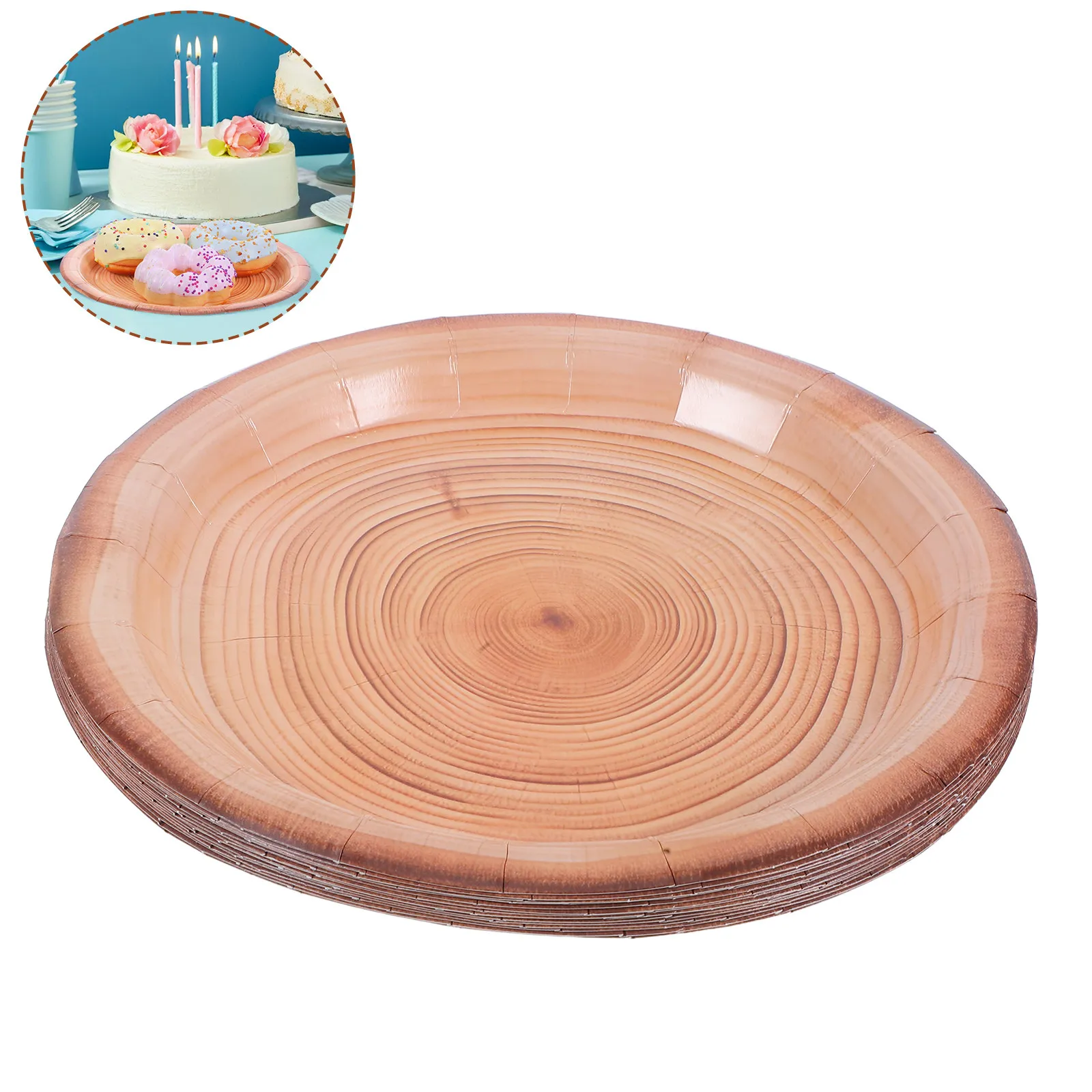 16 pcs Paper Plates Disposable Party Birthday Tableware Halloween Christmas New Year Rustic Simulated Wood Grain Style Heavy