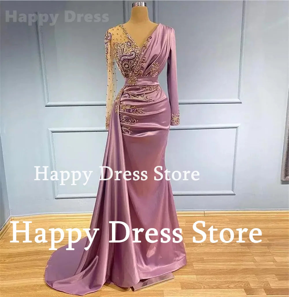 Glückliches Kleid benutzer definierte V-Ausschnitt formelle Abendkleid Langarm spezielle Party kleid Perlen Spitze Applikationen Meerjungfrau Satin Robe de Soirée