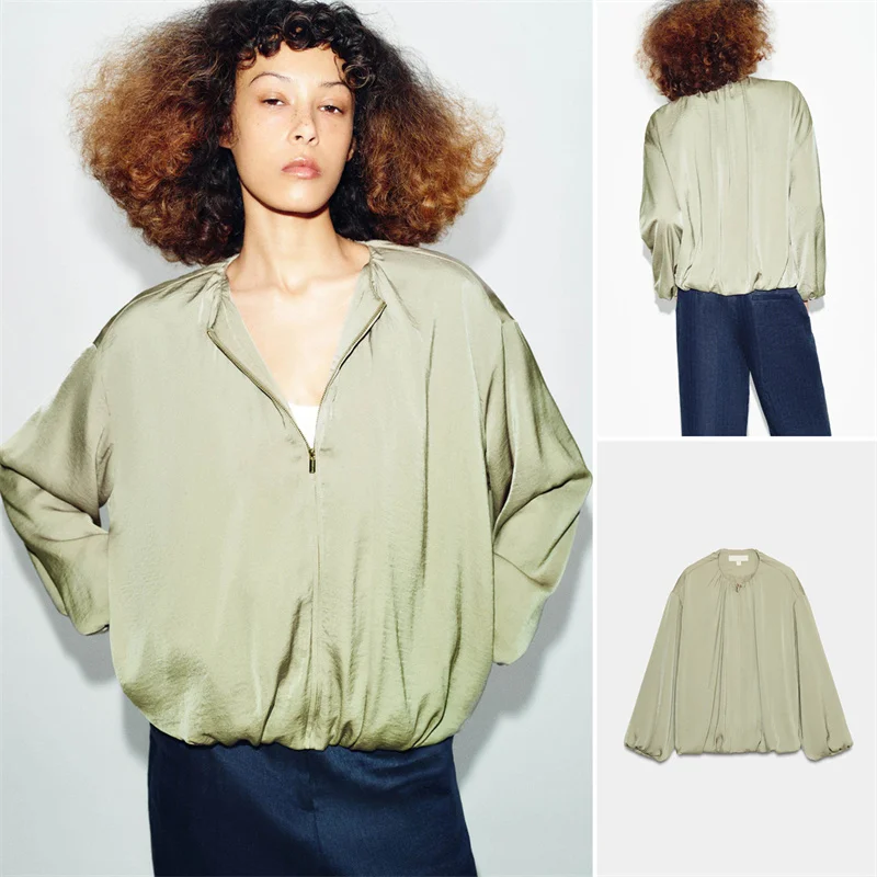 

Spring Summer New Arrival Women's Casual Fashionable Ethereal Bubble Sleeve Pilot Jacket Coat Standard Fit Long Sleeve Zipper...