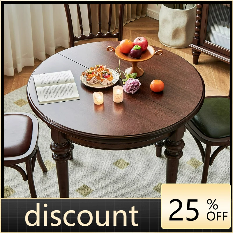 

LTT American retro solid wood dining table Home dining room Round retractable small apartment dining table