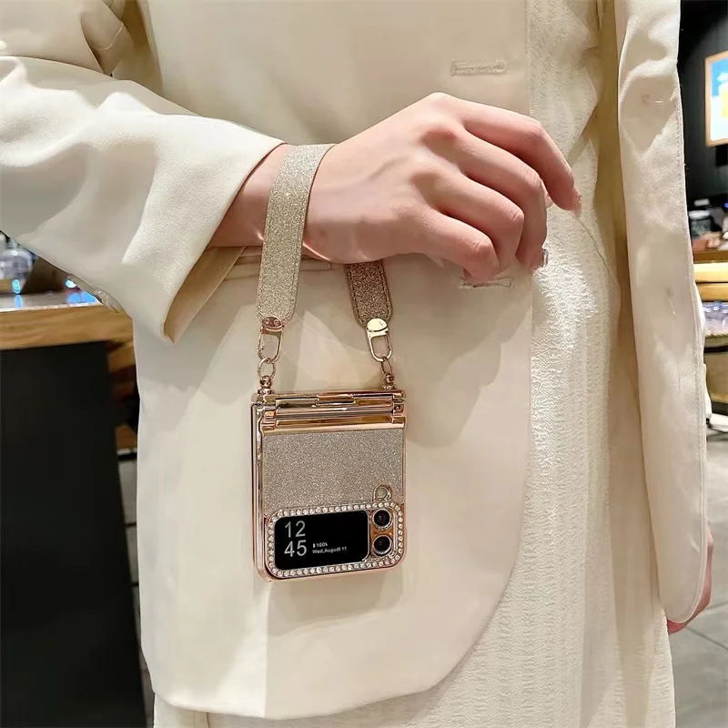 Phone Case For Samsung Galaxy Z Flip 4 3 5G Rhinestone Camera Edge Glitter Trim With  Starry wristbandElectroplated Plastic Back