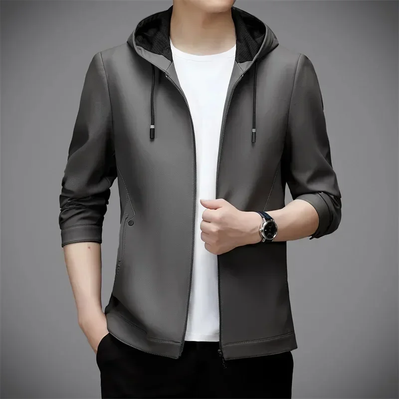 

and Spring Autumn Jacket Men's 2024 New Trendy Loose Hooded Leather Coat Fashion Business Casual Mens