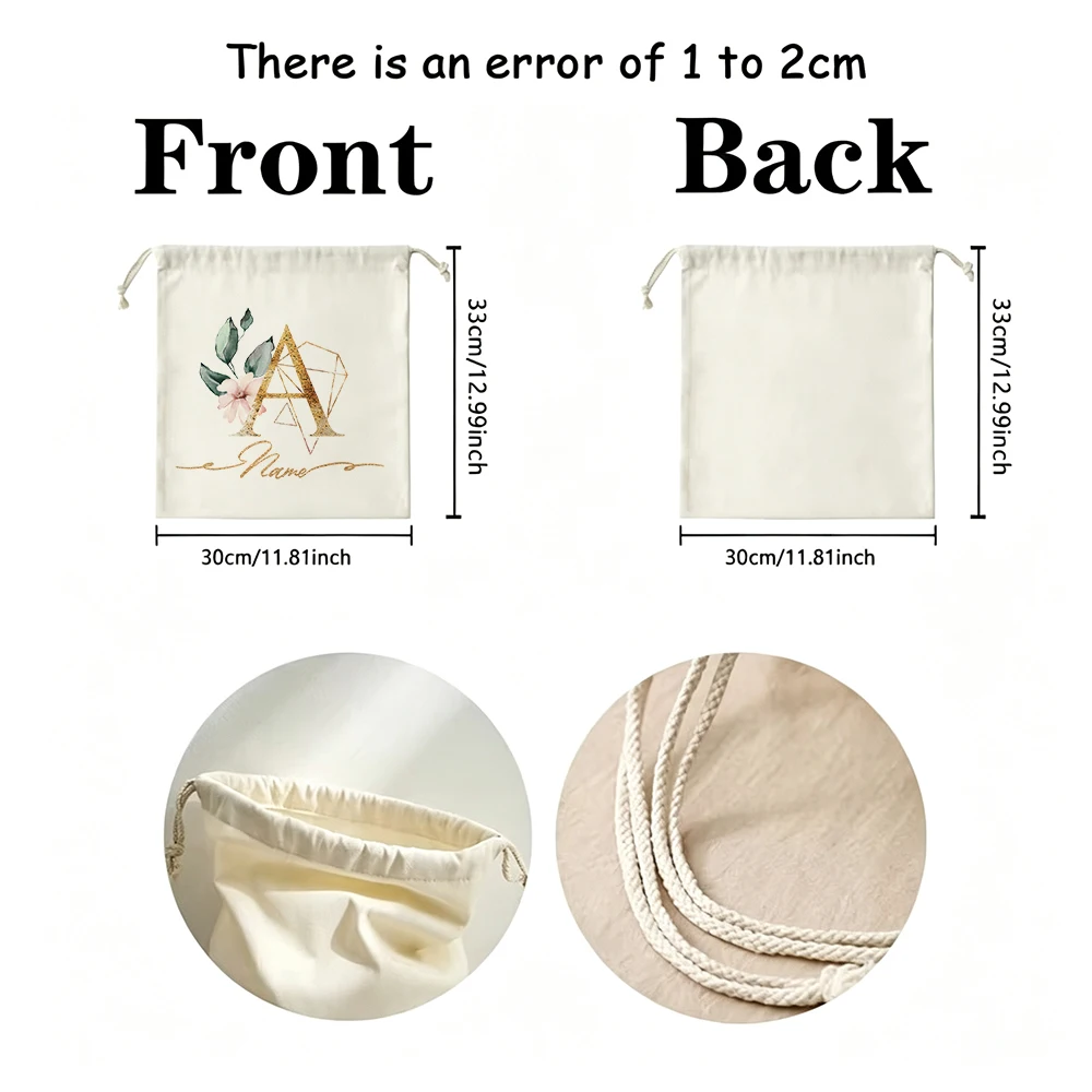Personalized Botanical Letter Drawstring Bags Custom Logo Monogram Initial Green Leaf Floral Storage Gift Pouches for Women Girl