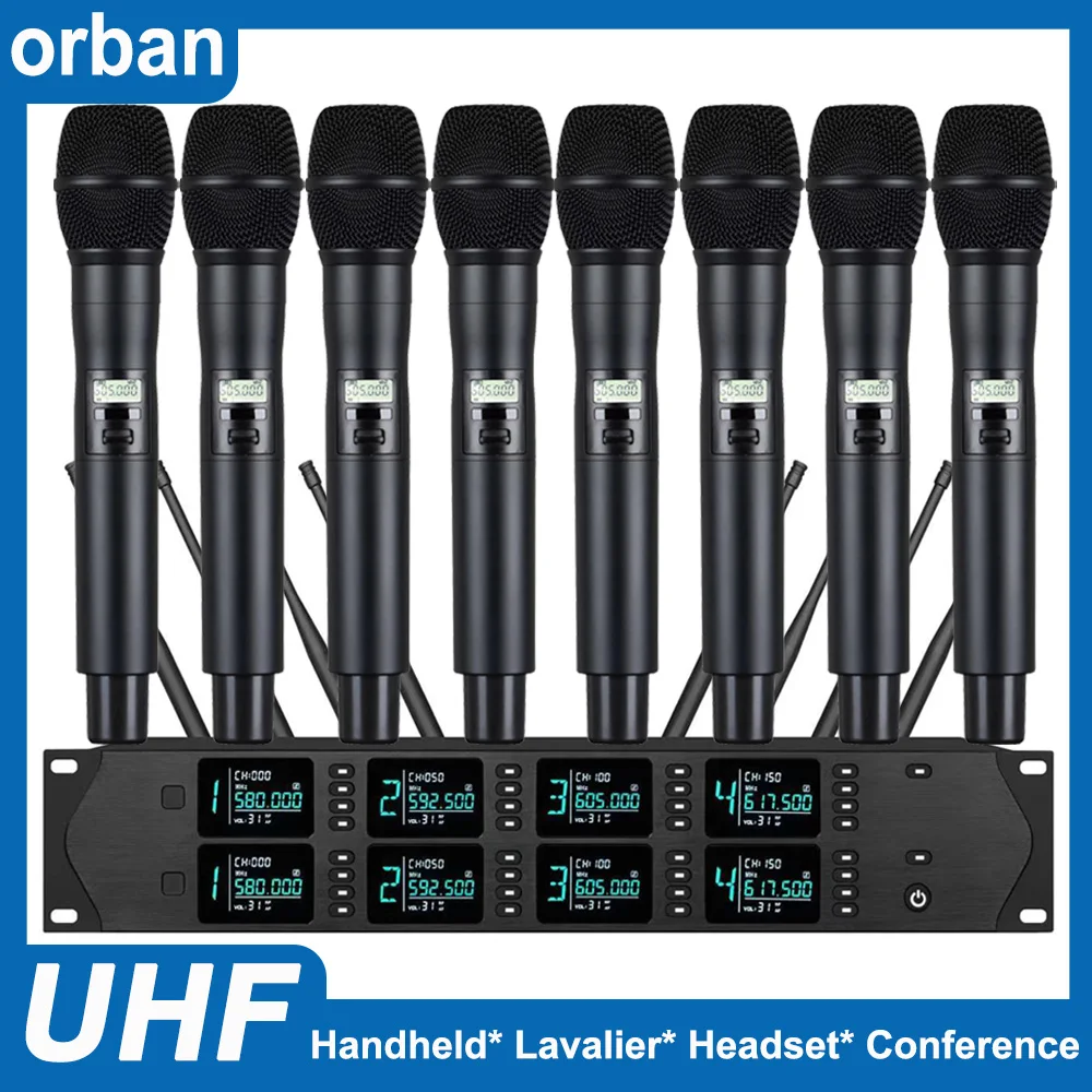 ميكروفون لاسلكي احترافي UHF مكون من 8 قنوات محمول باليد مناسب لميكروفون نطاق أداء الكلام على المسرح