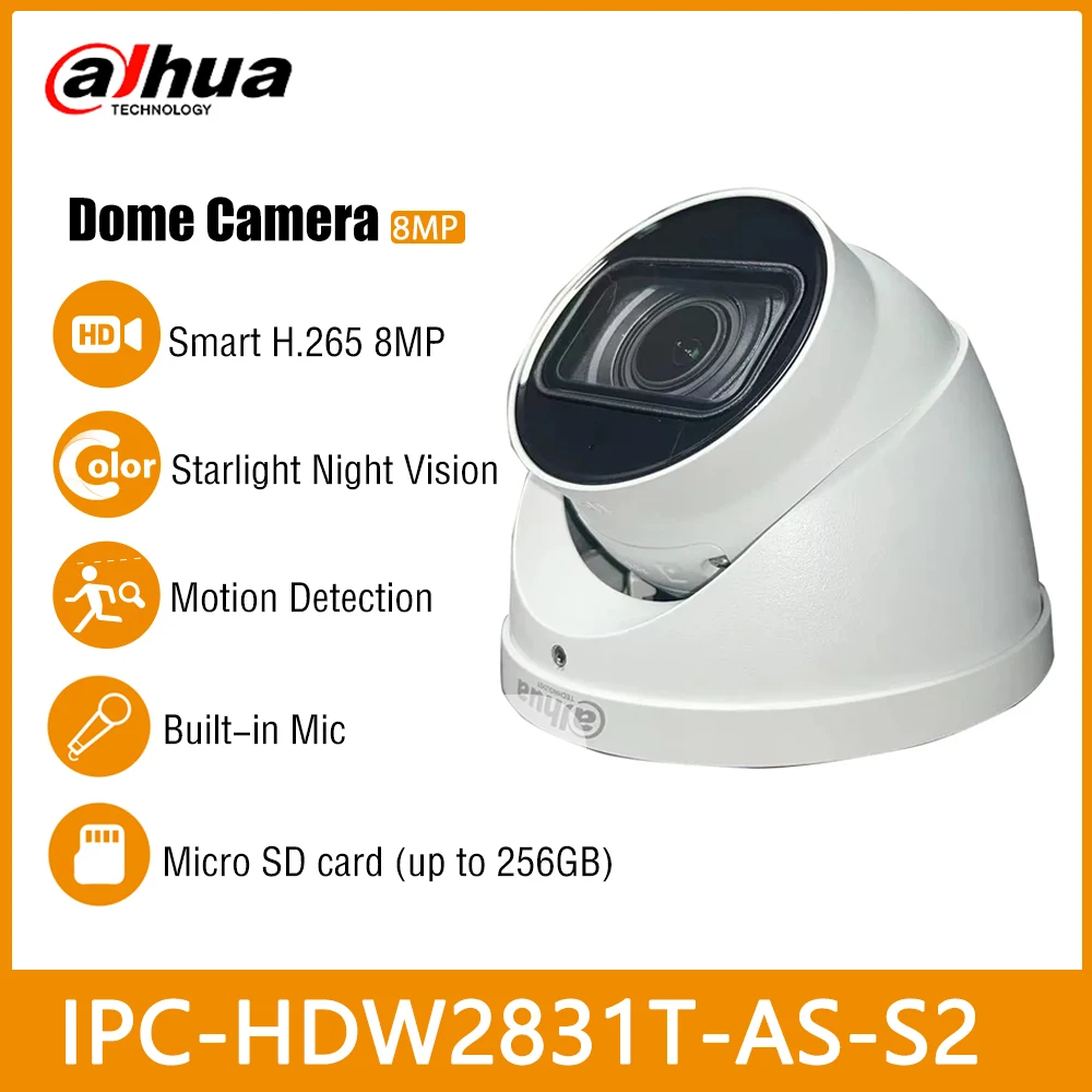 Dahua IPC-HDW2831T-AS-S2 8MP 4K IP Smart Camera Outdoor Night Vision CCTV PoE Starlight SD Card Security Camera Built-in Mic