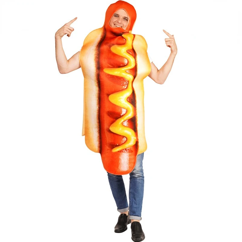 High Quality Couple Costume Halloween Funny Hot Dog Onesie Adult Hot Dog Cosplay Costumes Stage Show Hot Dog Costumes