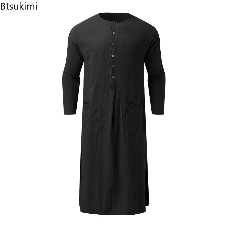 Nuevo 2025 bata musulmana de manga larga para hombres musulmán Jubba Thobe caftán informal con cierre de botón Color sólido hendidura ropa árabe para hombre