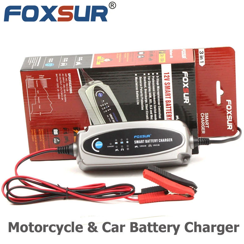 FOXSUR 12V 3.6A or 12V/0.8A Car & Motorcycle Battery Charger, Lead Acid Battery Charger AC input 100-240V EU US UK AU plug