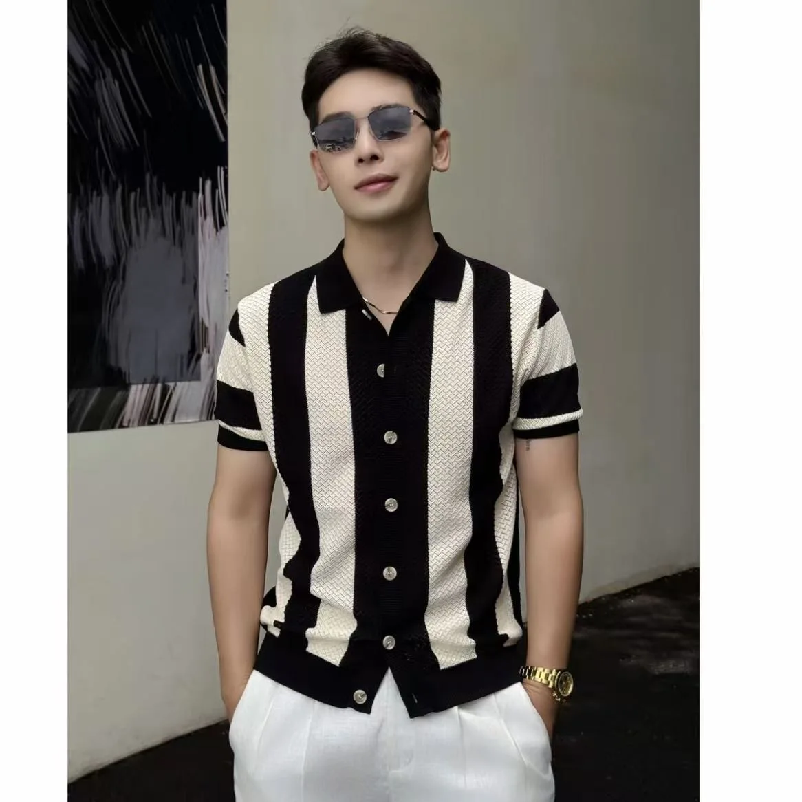 Lightweight Knitted Short Sleeve Open Cardigan Men's Summer Thin Fashionable Commuting Skin-friendly Breathable Casual Top