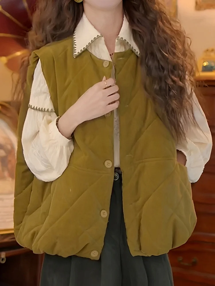 Retro Loose Slimming Casual Cotton Vest Women's Thick Warm Outerwear Autumn Winter New Style Fashionable All-Match  Color
