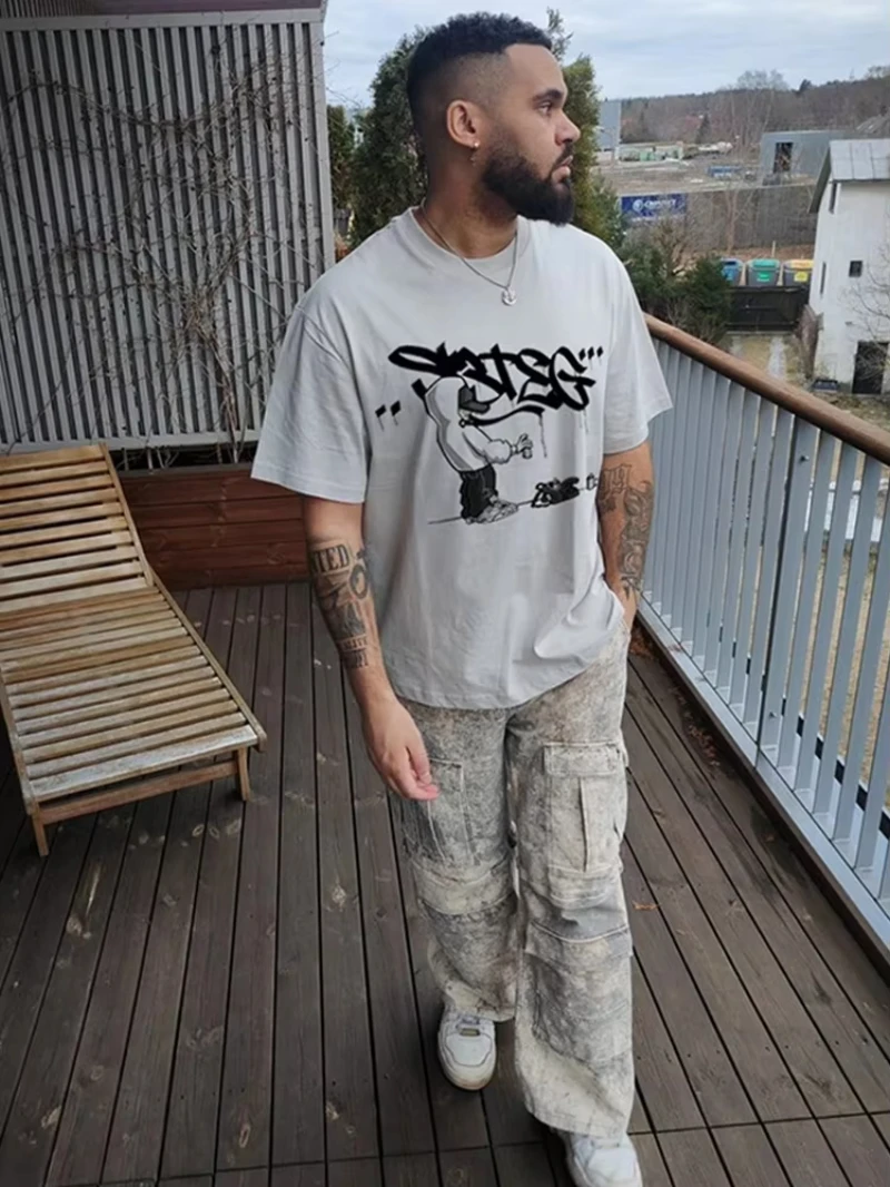 

2025 Summer Men's T-shirt oversized top graphic hip-hop Y2k streetwear men's and women's cotton short-sleeved