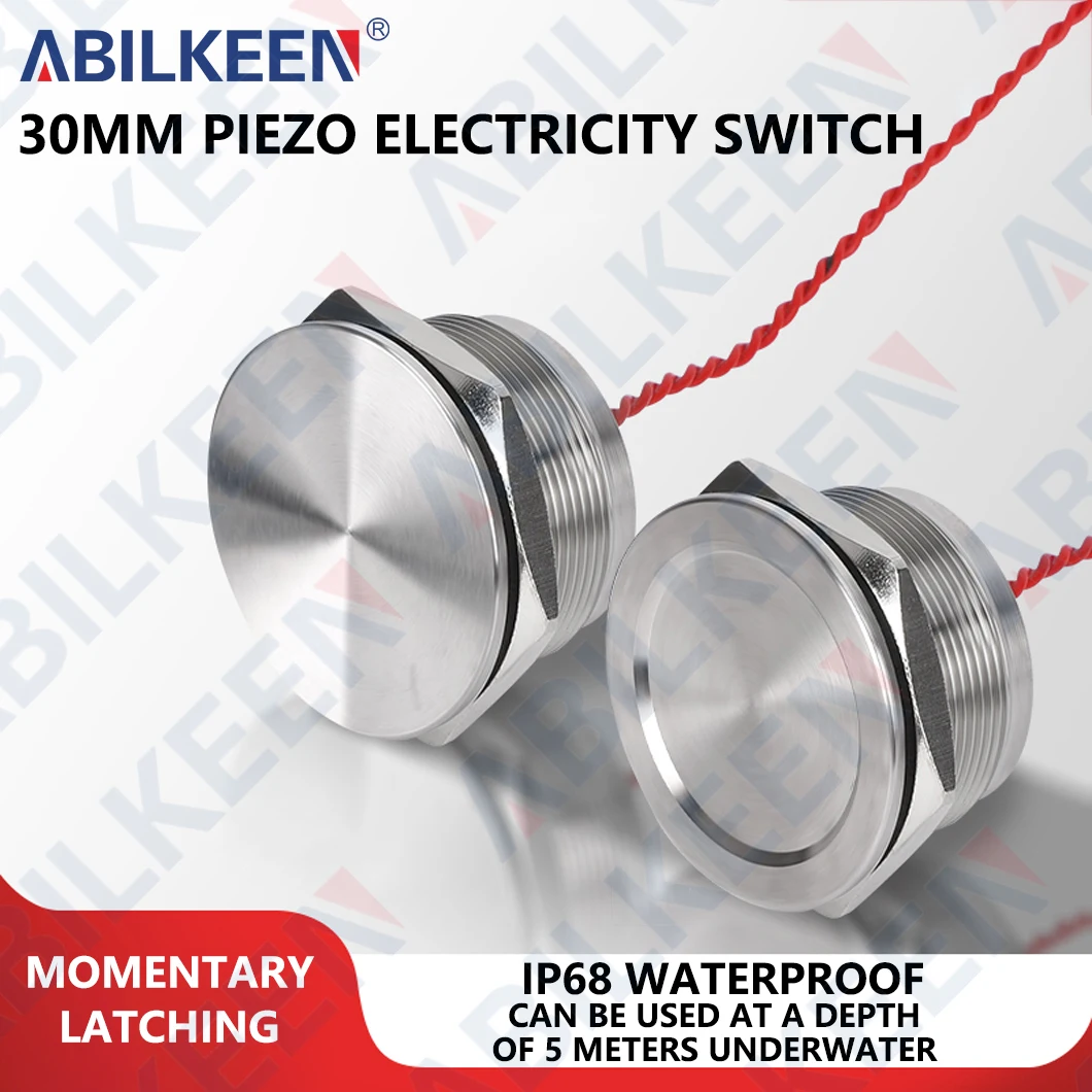 ABILKEEN 304 Stainless Steel Piezo Electric Switch 30MM 1NO Momentary/Latching Touch Pressure-Sensitive Switch IP68 Waterproof