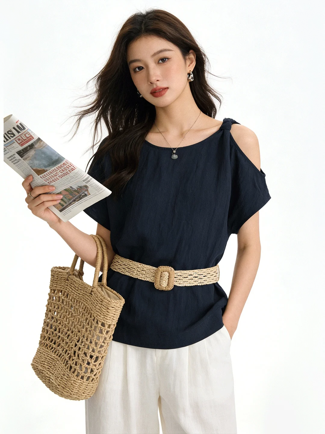 

oulder Bared Sweet Spicy Retro k Blue round Ne Top Waist Belt Slimming Personali T irt Summer Versatile Small irt