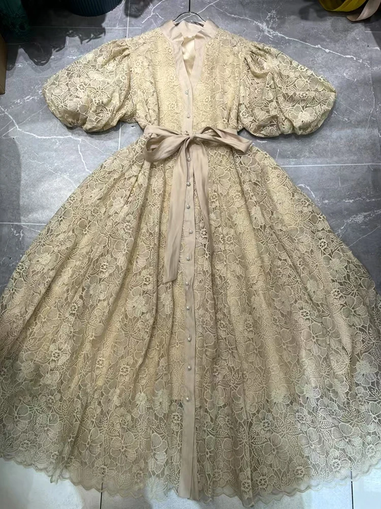 レトロ刺繍カットアウトレースアップウエストシェイプ半袖ワンピース 2025 夏 レディース シャツワンピース ゆったり パフスリーブワンピース