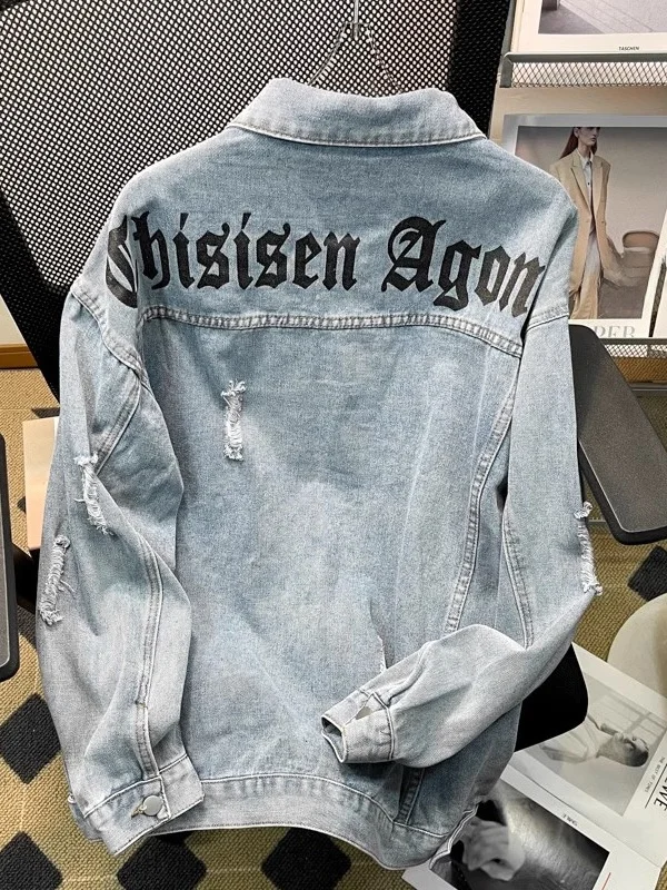 

Trendy Street Sle Men's Denim Jaet Loose Fit Hole Design Casual Print Spring Autumn American Sle Haome Top