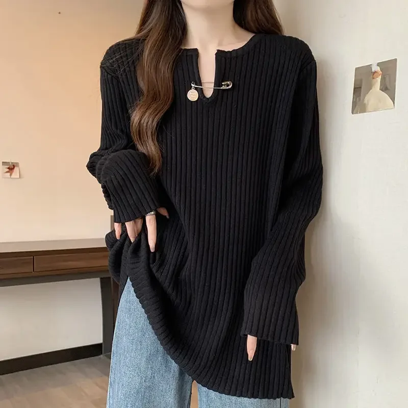 Versatile Design Sensibility Ribbed Long Sleeve T-shirt For Women Autumn/winter Medium-length Top