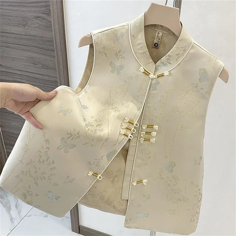 중국 스타일 조끼 자켓 여성용 봄 가을 2025 신상 민소매 코트 신상 버클 얇은 조끼 여성 패션 가디건 탑