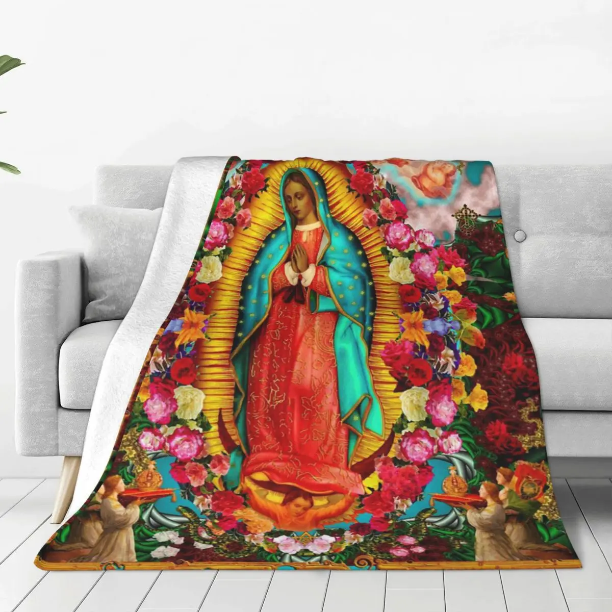 

Virgin Mary Our Lady Of Guadalupe Flannel Blanket Mexican Christian Catholic Fashion Throw Blanket for Home Hotel Sofa Rug Piece