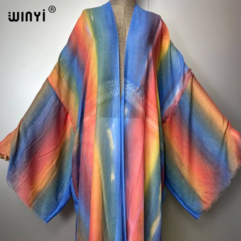 WINYI Bohemian Kimono Tie-Dye Streifendruck Damen Mantel Langer Mantel Strand Urlaub Schwimmen Cover Up Partykleider Luxus Dubai Abaya