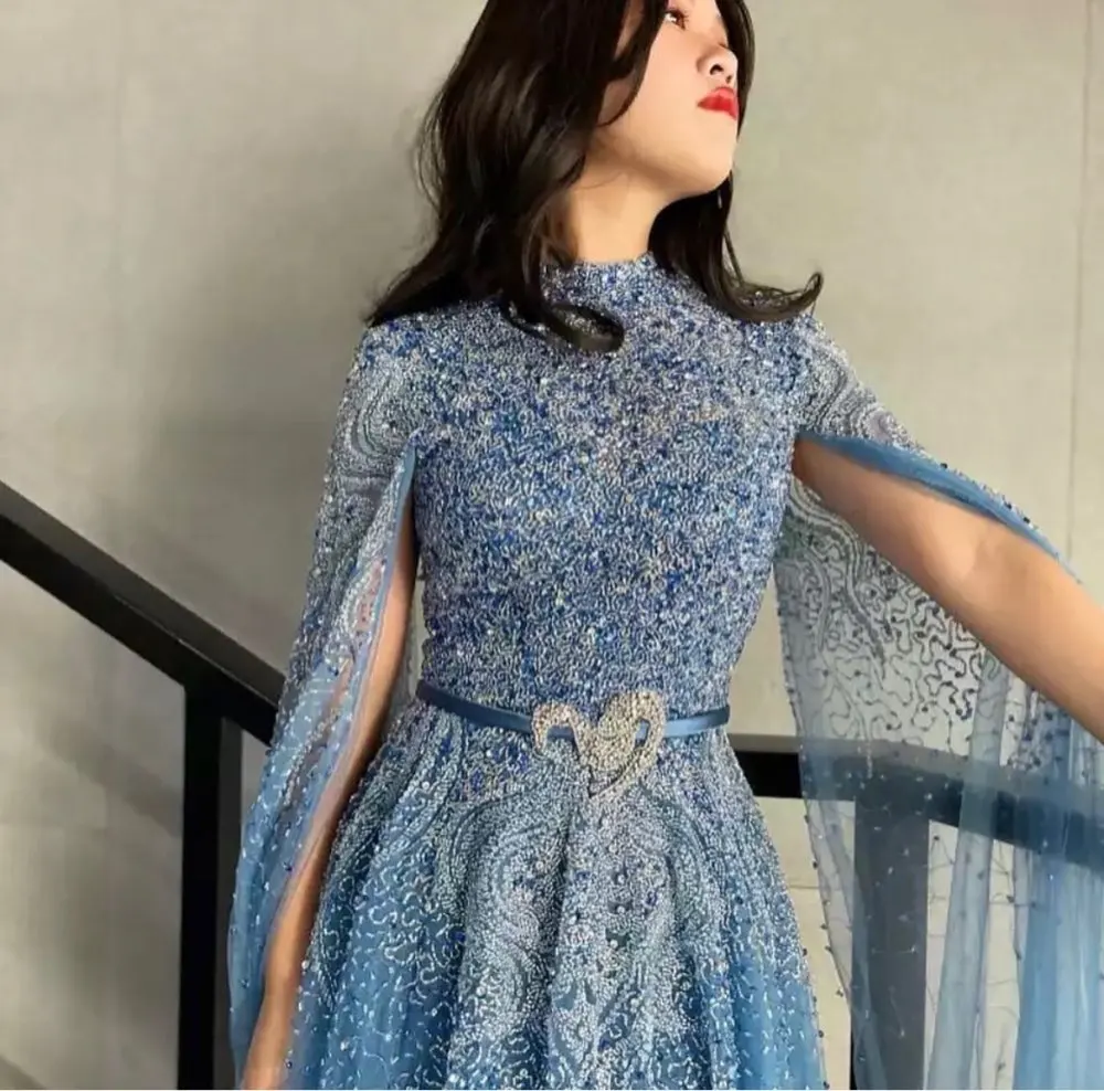 Customize O-Neck A-Line Long Sleeve Court Train Beading Sequined Engagement Birthday Floor Length Evening Gown Sexy Dress