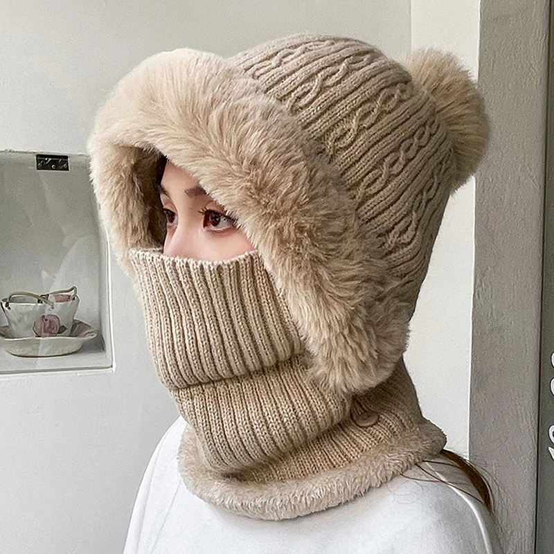 

Winter Warm Cycling Hat Face Mask Knitting Plush Balaclava Hat Hooded Ear Protection Fluffy Hat Mask Neck Warmer Lady Hooded Cap