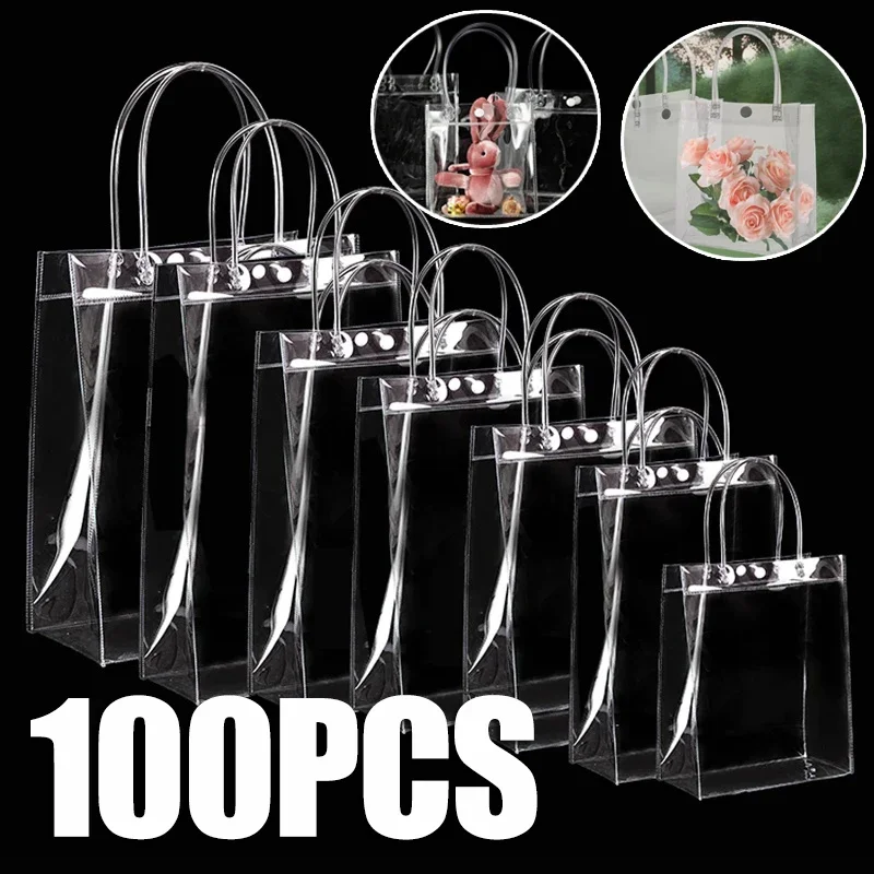 100PCS lot Transparent Soft PVC Gift Tote Packaging Bags with Hand Loop Clear Plastic Handbag Cosmetic Bag