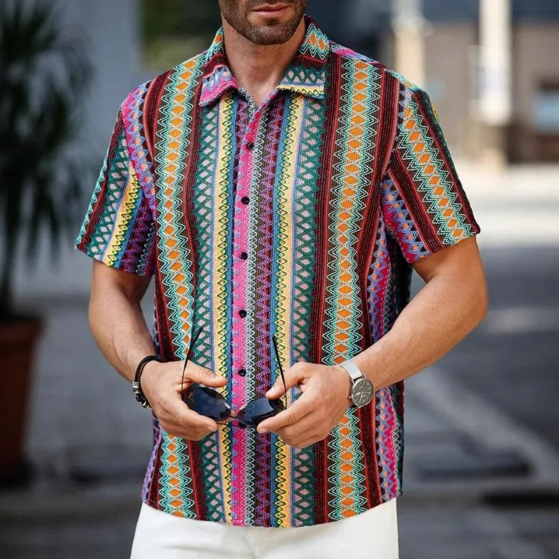 

Men's Ethnic Style Striped Print Short Sleeve Shirt Casual Summer Button Tops