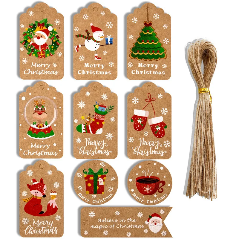 

50PCS Christmas Kraft Paper Tags Carton Xmas Tree/Santa Claus Printed Crafts Hanging Labels for Noel Navidad Gifts Wrapping