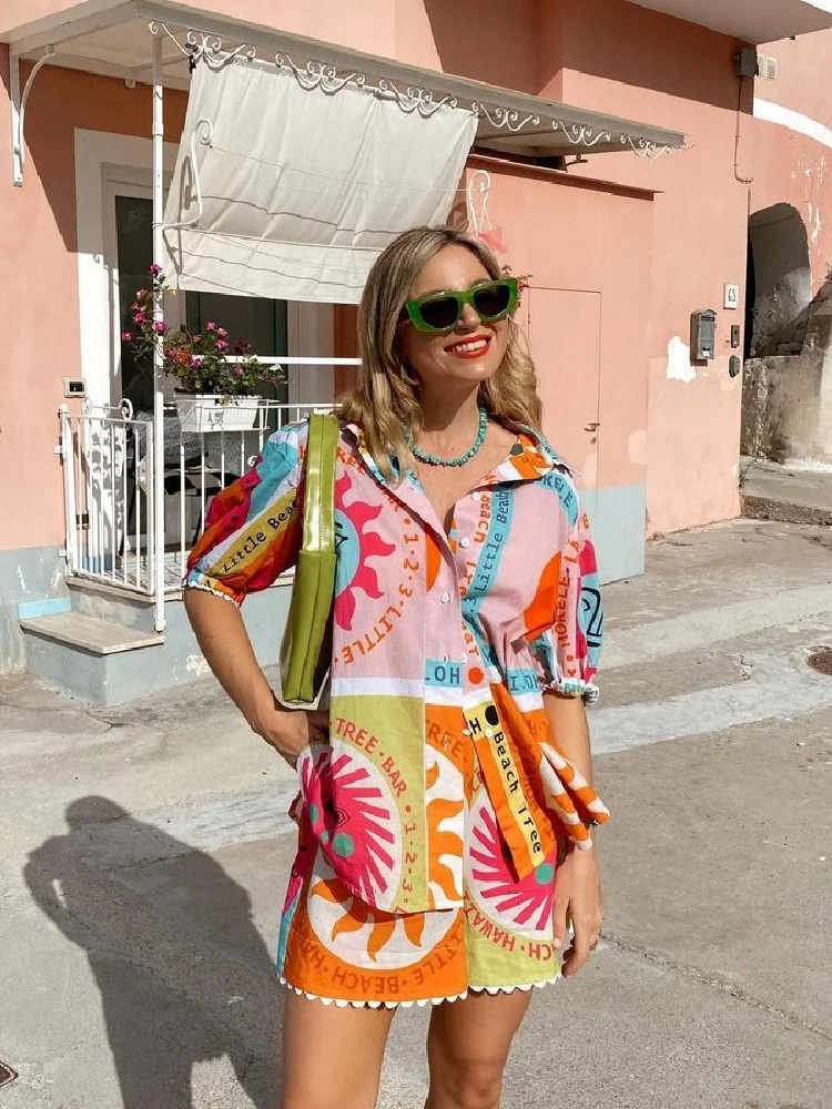 Set da due pezzi stampato hawaiano da donna, camicia a maniche corte, camicia, Top, pantaloncini larghi, abbigliamento da spiaggia, abbigliamento