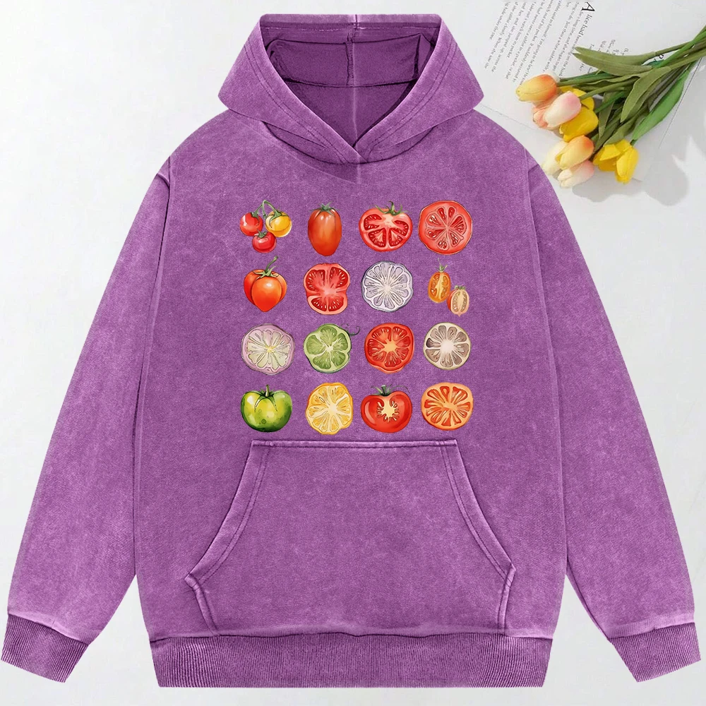 Tomato Variety Collection Chart Print Washed Women Clothes Creativity Cotton Hoodie All-Match Pocket Pullover Funny Casual Hoody