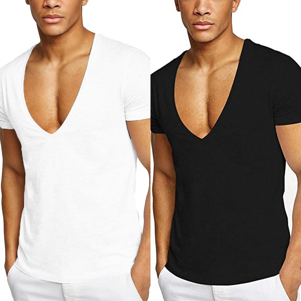 Casual Summer Short Sleeve T Shirt For Men Undershirt Deep V Neck Slim Fit Clubwear Solid Color Sports Tee Tops T-Shirt Clothing