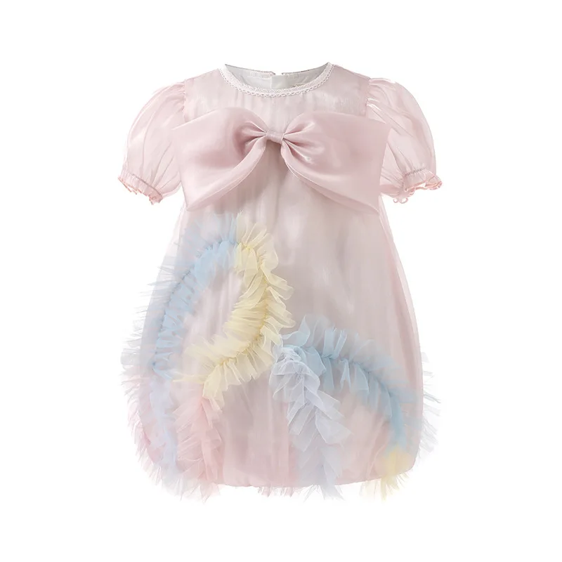 

2024 Big Bow Princess Dress Mesh Patchwork Kids Dresses for Girls Elegant Party Prom Vestidos 2-9 Year Birthday Wedding Gown ﻿