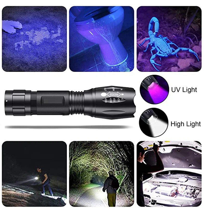 White/Purple Lamp Double Lamp Retractable Flashlight Zoom UV Flashlight Fluorescence Detection Currency Check LED Purple Light