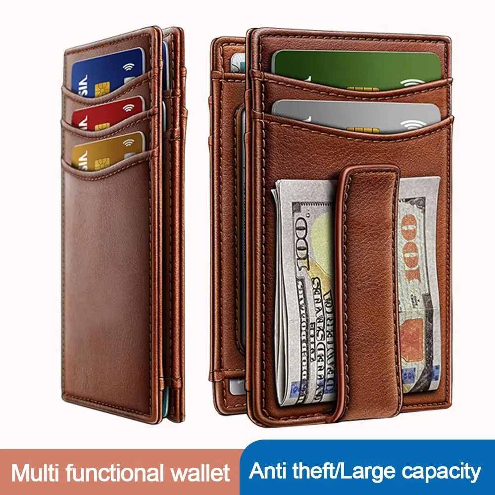 

Portable Oil Wax Men's Wallet Ultra-Thin Double Fold RFID Short Purses Multifunctional Large Capacity Coin Pocket Male