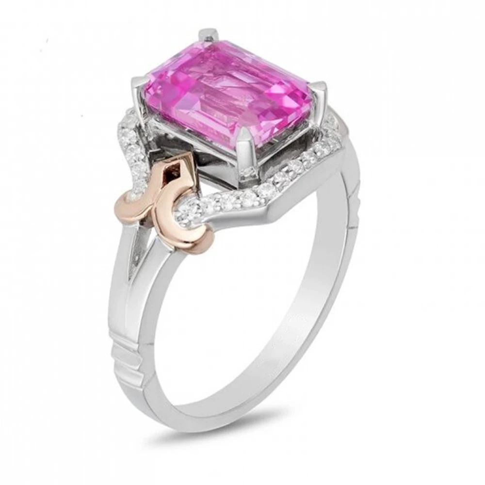 HESHI Copper Alloy Temperament Romantic Aurora Pink Zircon Rectangular Crown Ring for Women Men