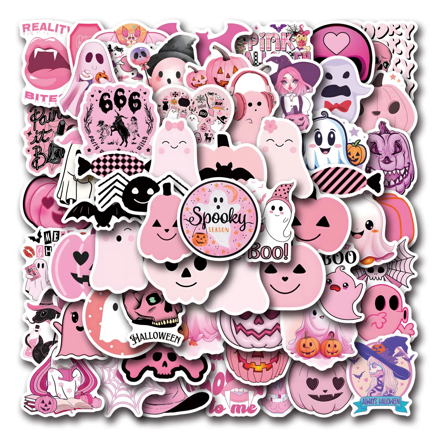 50PCS Cute Pink Halloween Ghost Skull Pumpkin Stickers DIY Stickers Scrapbooking Phone Luggage Skateboard Waterproof Decals