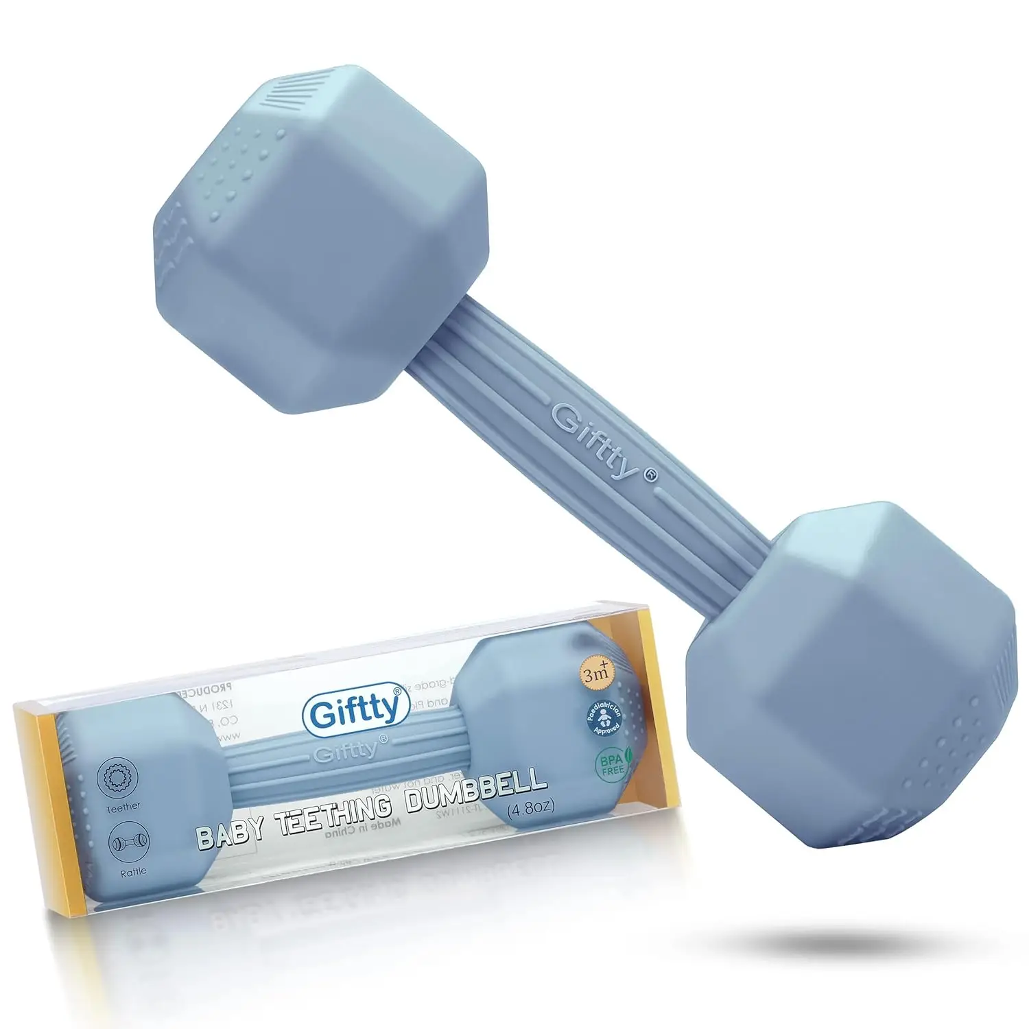 

Игрушка-погремушка для прорезывания зубов в форме гантели — 100% пищевой силикон, безопасный сенсорный утяжелитель для младенцев и малышей (синий)