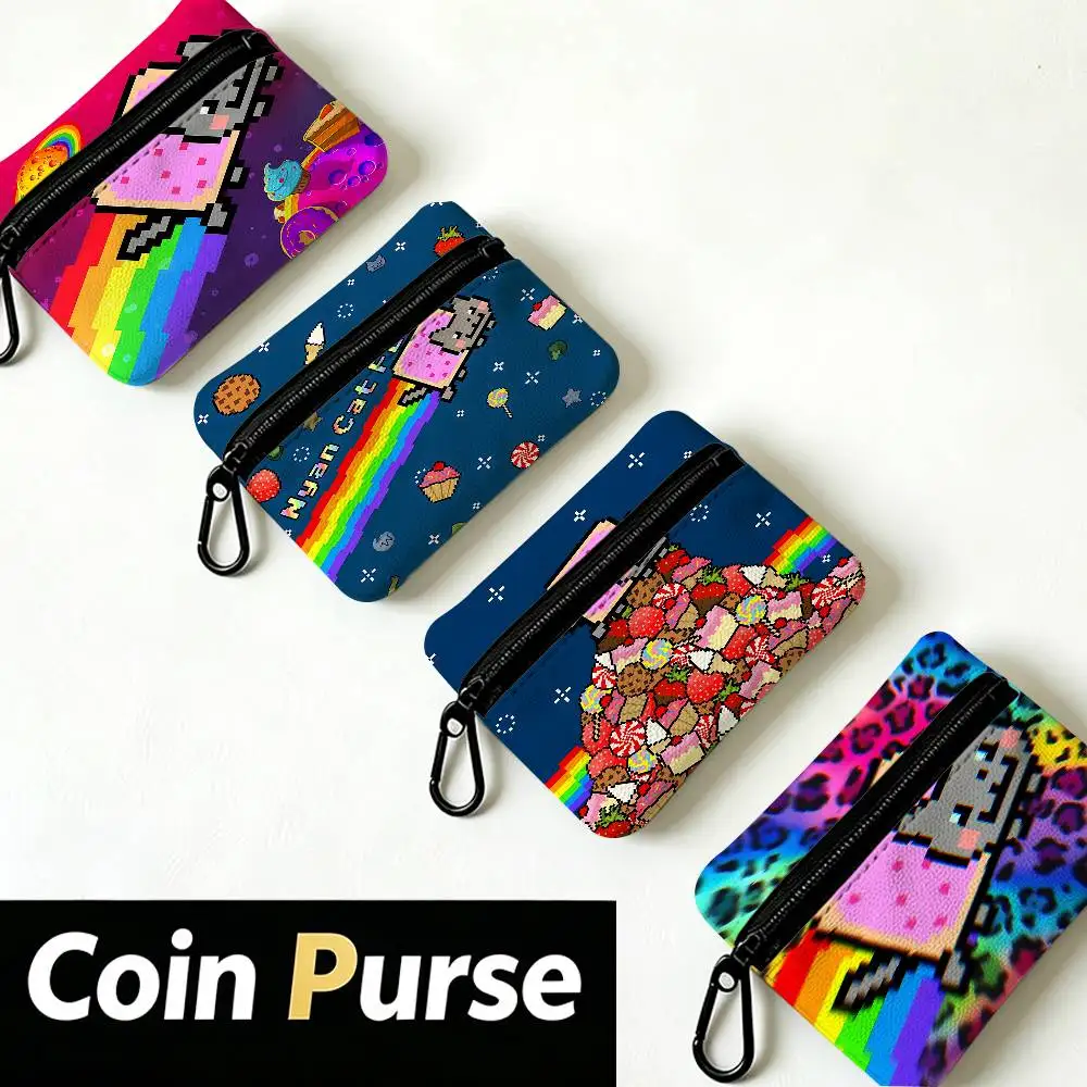 Cute Cartoon Nyan Cat Lightweight Oxford Fabric Coin Purse Carabiner Hook Design Mini Card Key Organizer Bag